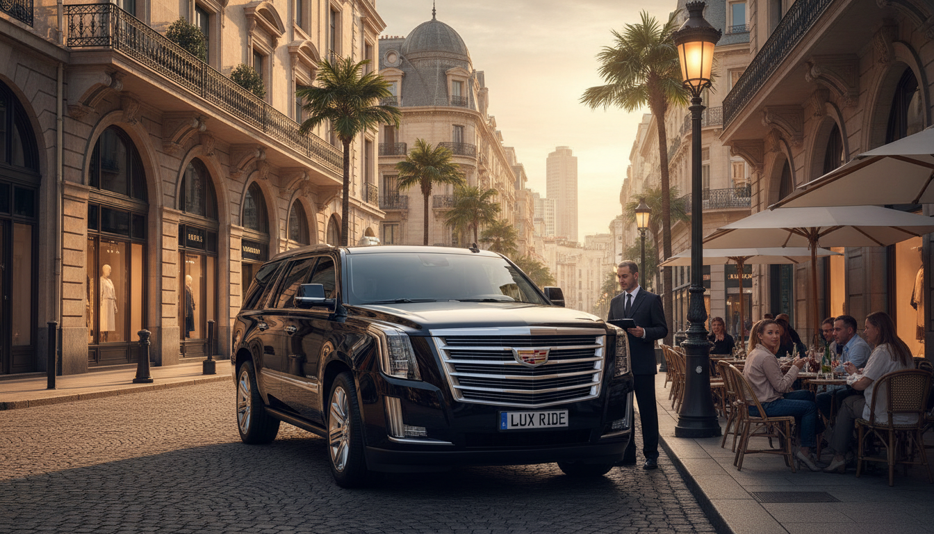 a black Cadillac Escalade parked in a luxury urban setting