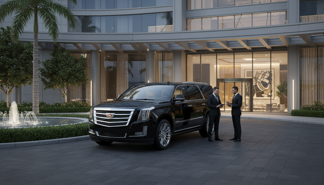 A high-end black Cadillac Escalade parked in a luxury setting, showcasing style and professionalism.