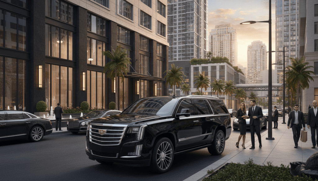 High-end black Cadillac Escalade in a luxury urban setting, landscape orientation