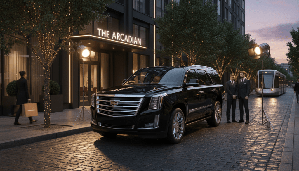 A high-end, luxury black Cadillac Escalade parked in an upscale urban setting, professional lighting, premium photo quality