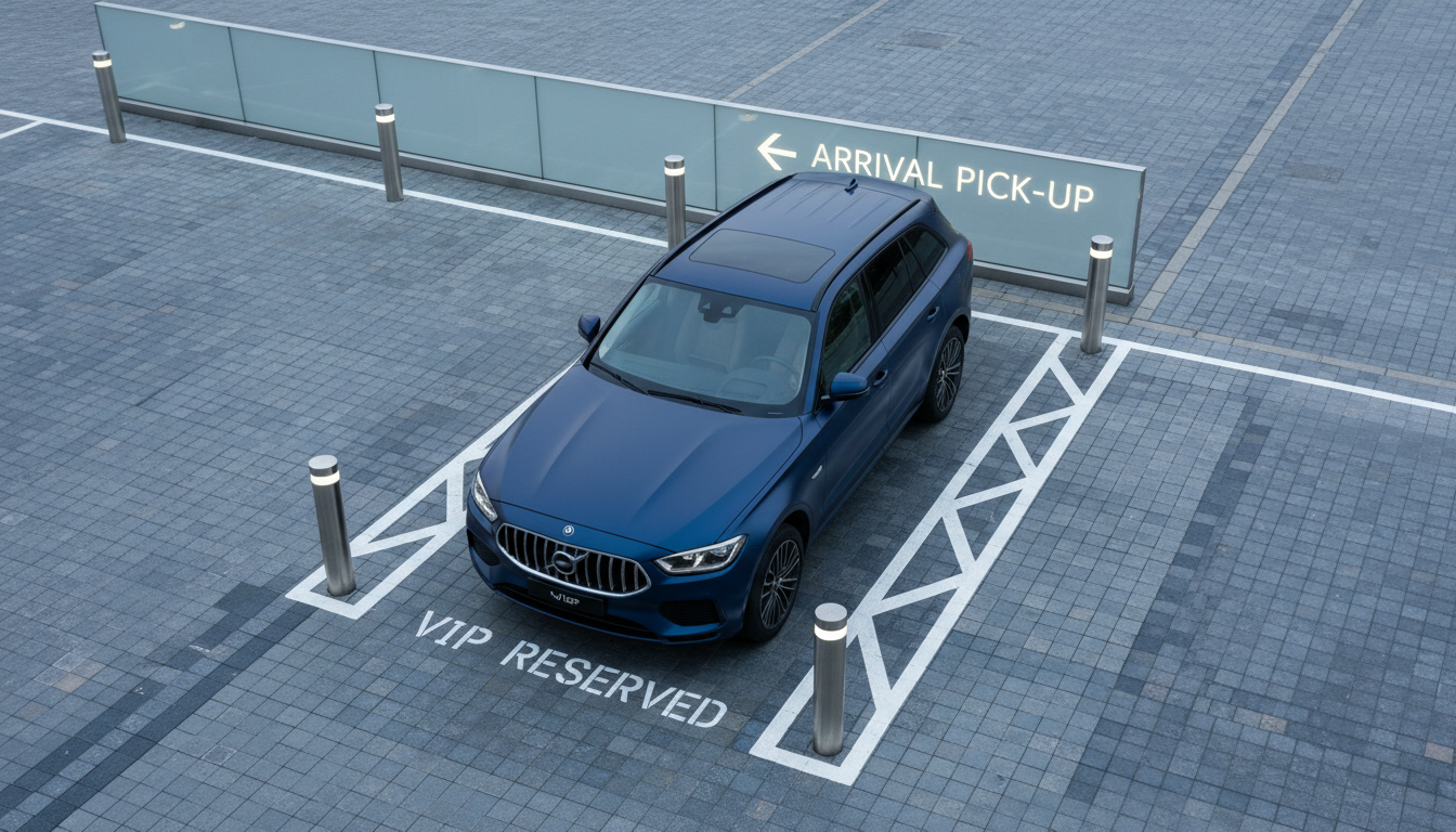 A minimalist overhead shot of a deep navy-blue premium SUV with a matte metallic sheen, parked precisely on a reserved VIP spot atop a stone-paved airport pick-up zone. The muted colors of the ground echo the site’s refined palette, and the SUV is framed by sleek bollards and subtle terminal signage. The lighting is cool and diffuse, evoking an overcast sky, casting only the faintest shadows for a calm, understated mood. The image captures a sense of seamless, discreet service and high accessibility. The photograph’s crisp lines and clean composition, with balanced negative space, amplify the minimalist and sophisticated personality of the brand.