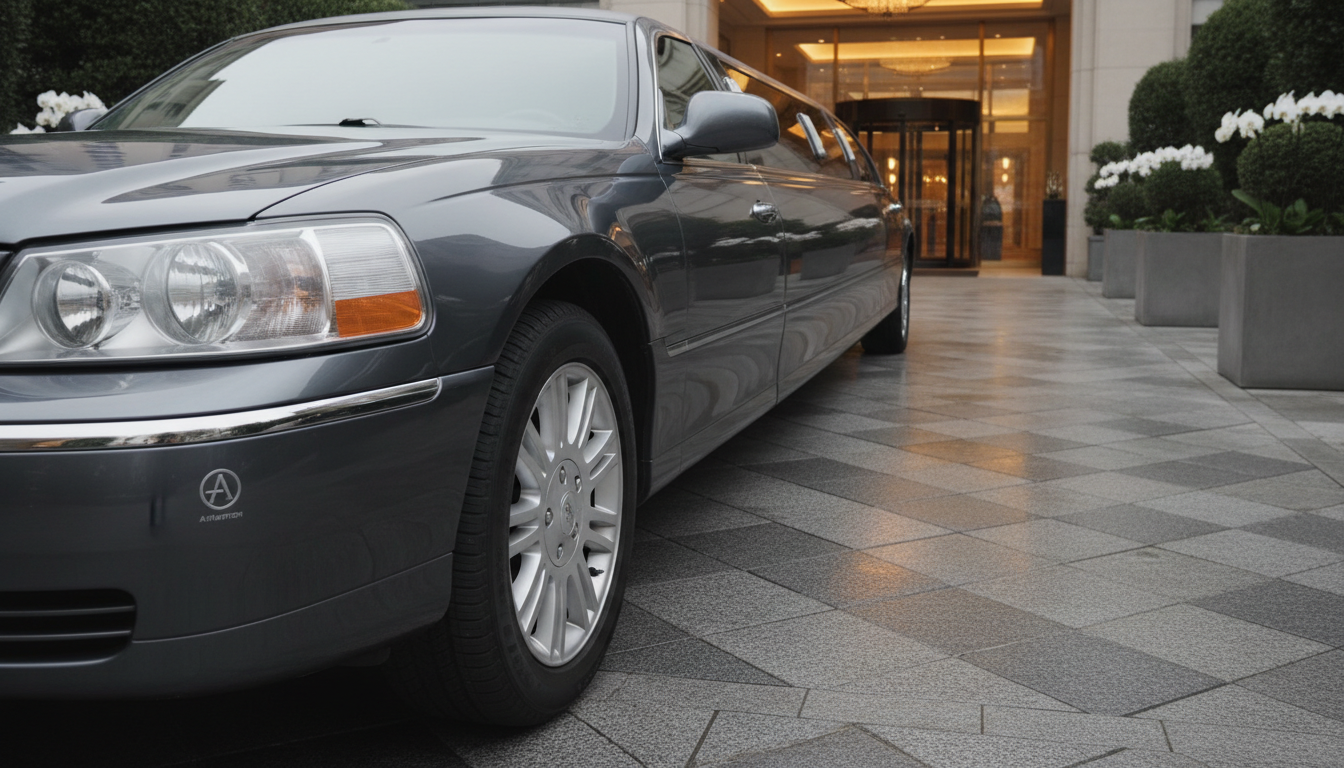 A polished, rich charcoal-gray limousine with discrete branding, positioned on a wide stone driveway leading to the entrance of a five-star hotel. The vehicle sits beside manicured hedges and architectural planters, with the hotel’s entrance lights emitting a luxuriously soft golden glow. Subtle, overcast daylight diffuses over the entire environment, producing gentle shadows and smooth gradients along the limousine’s smooth surface. The composition uses a low-angle, three-quarter view to emphasize the limousine’s length and stature, instilling an air of sophistication and exclusivity. The overall mood is composed and refined, embracing a minimalist, elegant photographic style.