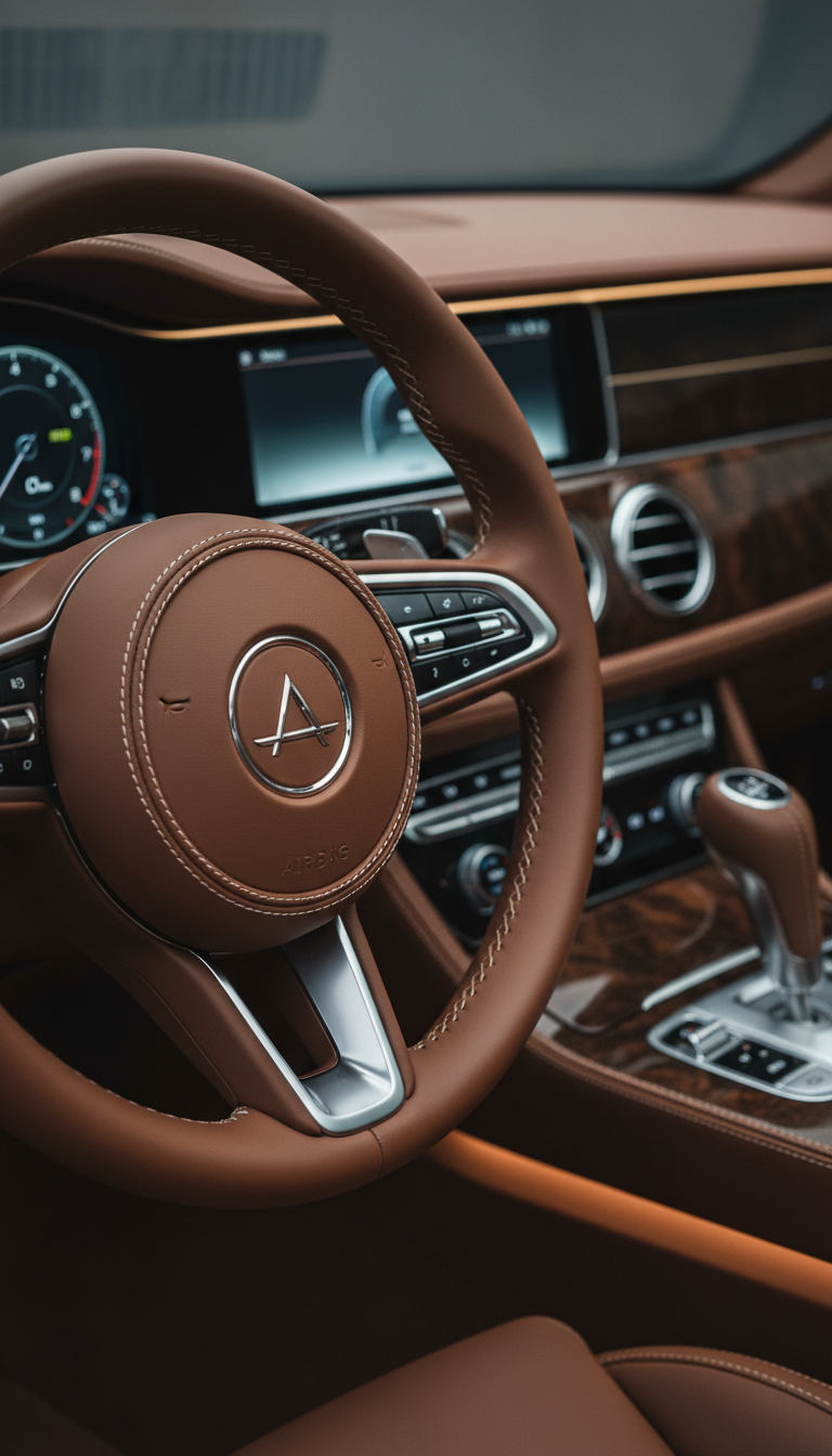 A close-up still of an immaculate, handcrafted leather steering wheel and polished wooden dashboard inside a luxury vehicle, showcasing the intricate stitching and subtle branding emblem in silver. Ambient cabin lighting softly illuminates the elegant textures, with delicate highlights on the chrome accents and fine-grain leather. The background is softly unfocused, revealing hints of muted metallic details and a minimalist instrument panel. The composition is shot from a shallow, slightly elevated angle, bringing tactile richness and sophistication to the forefront. The mood is intimate and refined, perfectly aligned with the site’s promise of comfortable, luxurious travel. The overall style is photographic, elegant, and understated.