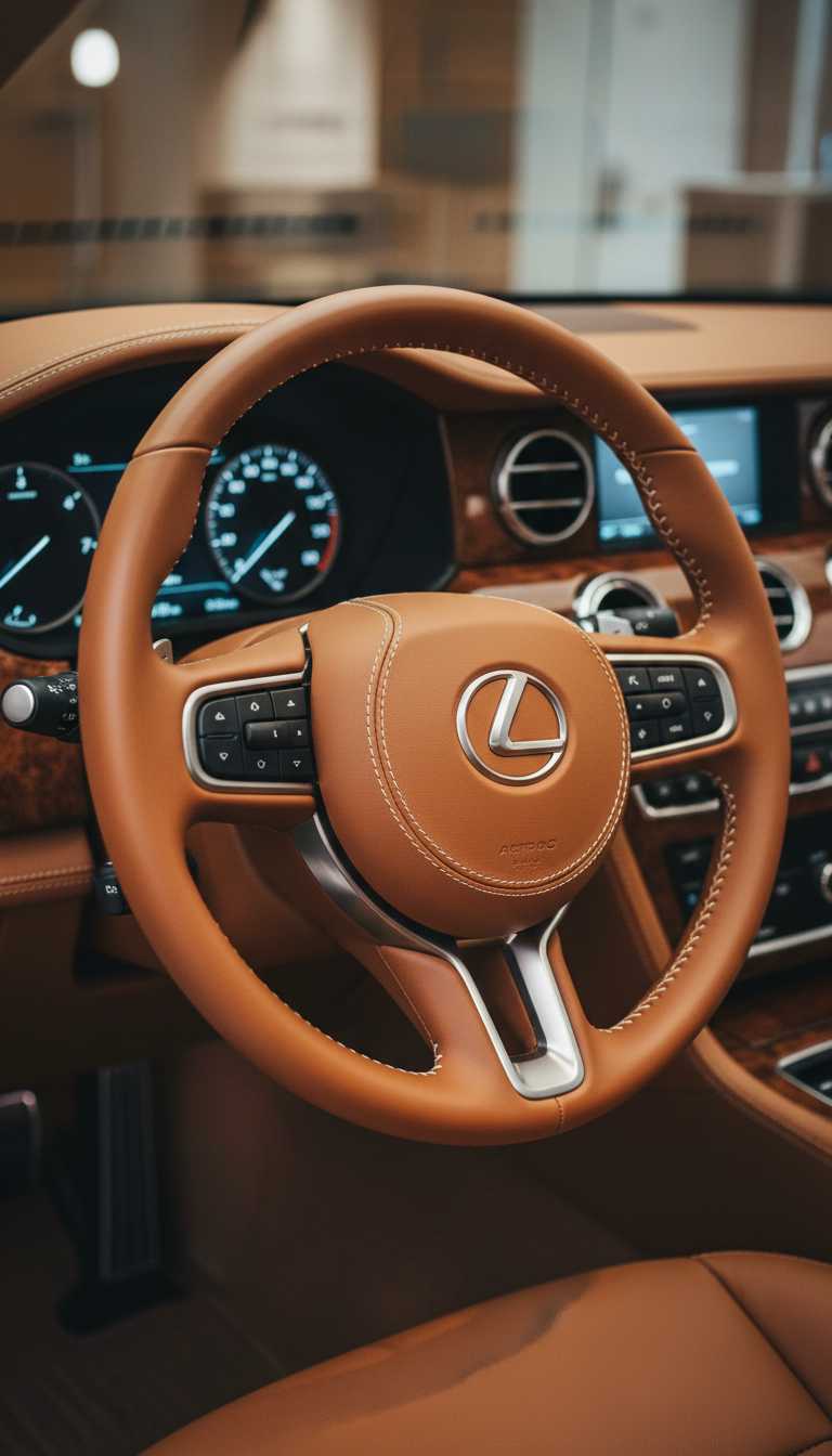 A close-up still of an immaculate, handcrafted leather steering wheel and polished wooden dashboard inside a luxury vehicle, showcasing the intricate stitching and subtle branding emblem in silver. Ambient cabin lighting softly illuminates the elegant textures, with delicate highlights on the chrome accents and fine-grain leather. The background is softly unfocused, revealing hints of muted metallic details and a minimalist instrument panel. The composition is shot from a shallow, slightly elevated angle, bringing tactile richness and sophistication to the forefront. The mood is intimate and refined, perfectly aligned with the site’s promise of comfortable, luxurious travel. The overall style is photographic, elegant, and understated.