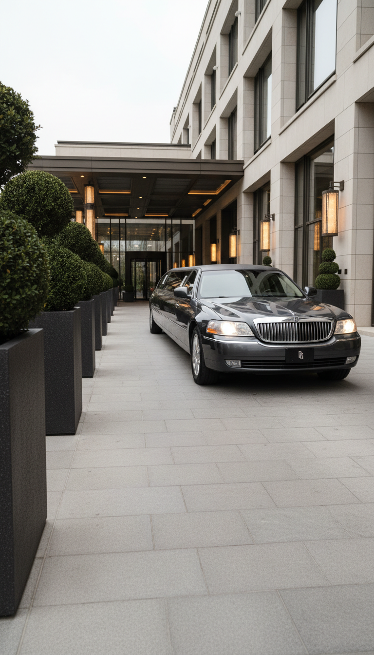 A polished, rich charcoal-gray limousine with discrete branding, positioned on a wide stone driveway leading to the entrance of a five-star hotel. The vehicle sits beside manicured hedges and architectural planters, with the hotel’s entrance lights emitting a luxuriously soft golden glow. Subtle, overcast daylight diffuses over the entire environment, producing gentle shadows and smooth gradients along the limousine’s smooth surface. The composition uses a low-angle, three-quarter view to emphasize the limousine’s length and stature, instilling an air of sophistication and exclusivity. The overall mood is composed and refined, embracing a minimalist, elegant photographic style.