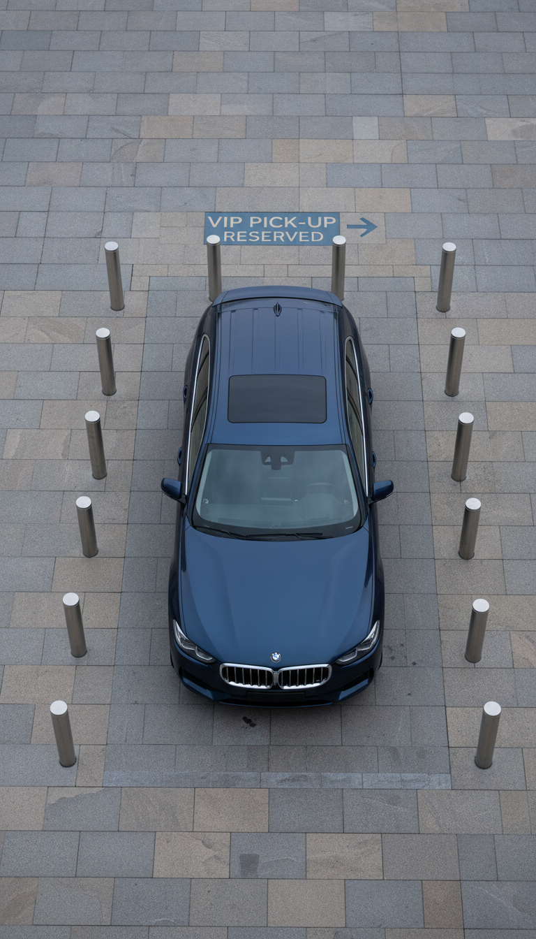 A minimalist overhead shot of a deep navy-blue premium SUV with a matte metallic sheen, parked precisely on a reserved VIP spot atop a stone-paved airport pick-up zone. The muted colors of the ground echo the site’s refined palette, and the SUV is framed by sleek bollards and subtle terminal signage. The lighting is cool and diffuse, evoking an overcast sky, casting only the faintest shadows for a calm, understated mood. The image captures a sense of seamless, discreet service and high accessibility. The photograph’s crisp lines and clean composition, with balanced negative space, amplify the minimalist and sophisticated personality of the brand.