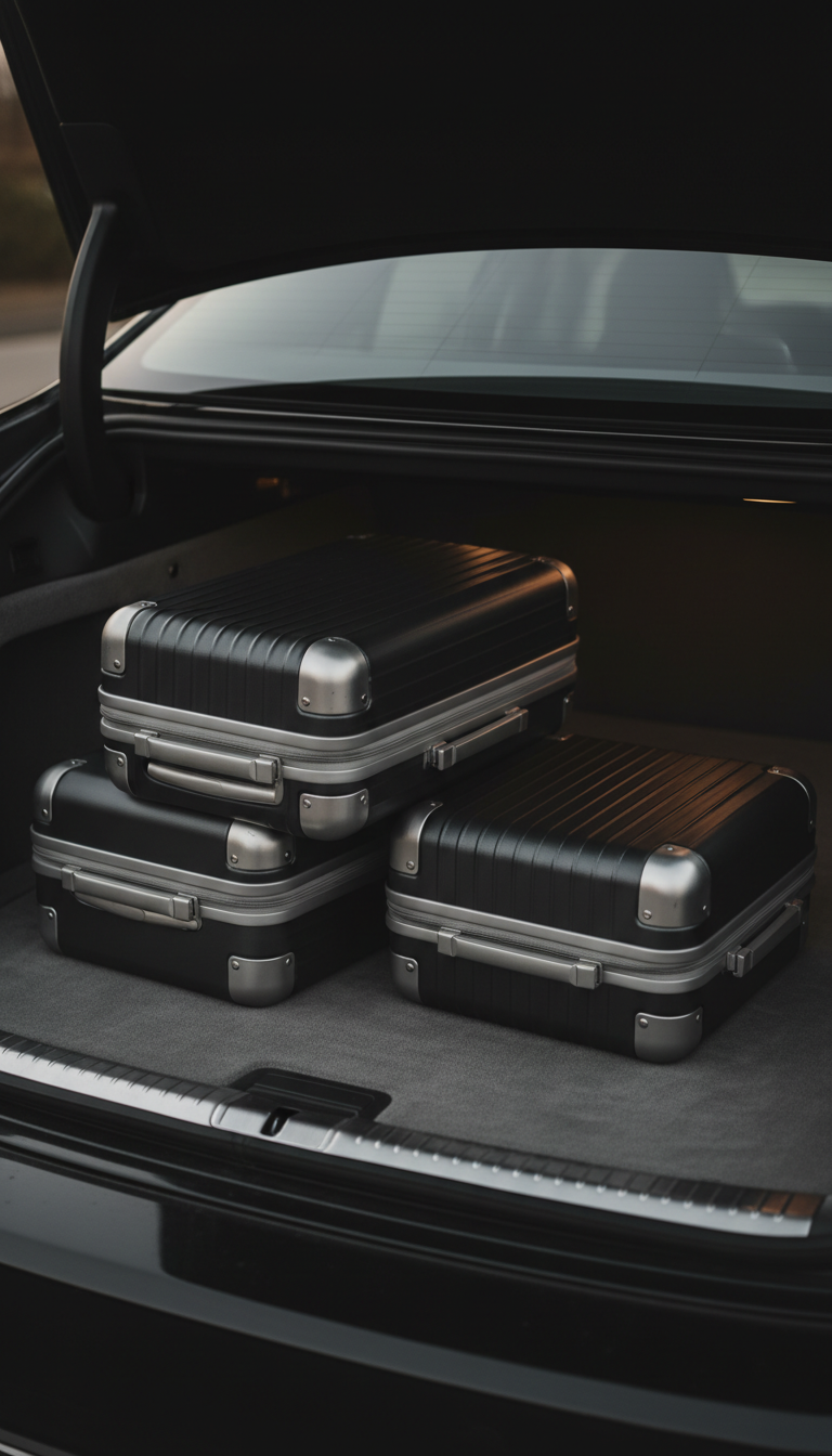 An evocative, minimalist still life featuring a premium luggage set—dark graphite hardshell suitcases with brushed nickel trim—positioned elegantly atop a plush, muted grey carpet in a meticulously clean vehicle trunk. The gentle evening light from the open hatch subtly illuminates the metallic edges and the smooth surfaces of the suitcases, with soft shadows adding depth and richness. The photo is composed at a slight angle from above, using shallow depth of field to maintain focus on the luggage while the edges of the trunk softly recede into darkness. The overall mood is one of anticipation and seamless readiness, capturing the refined assurance of luxury transportation.