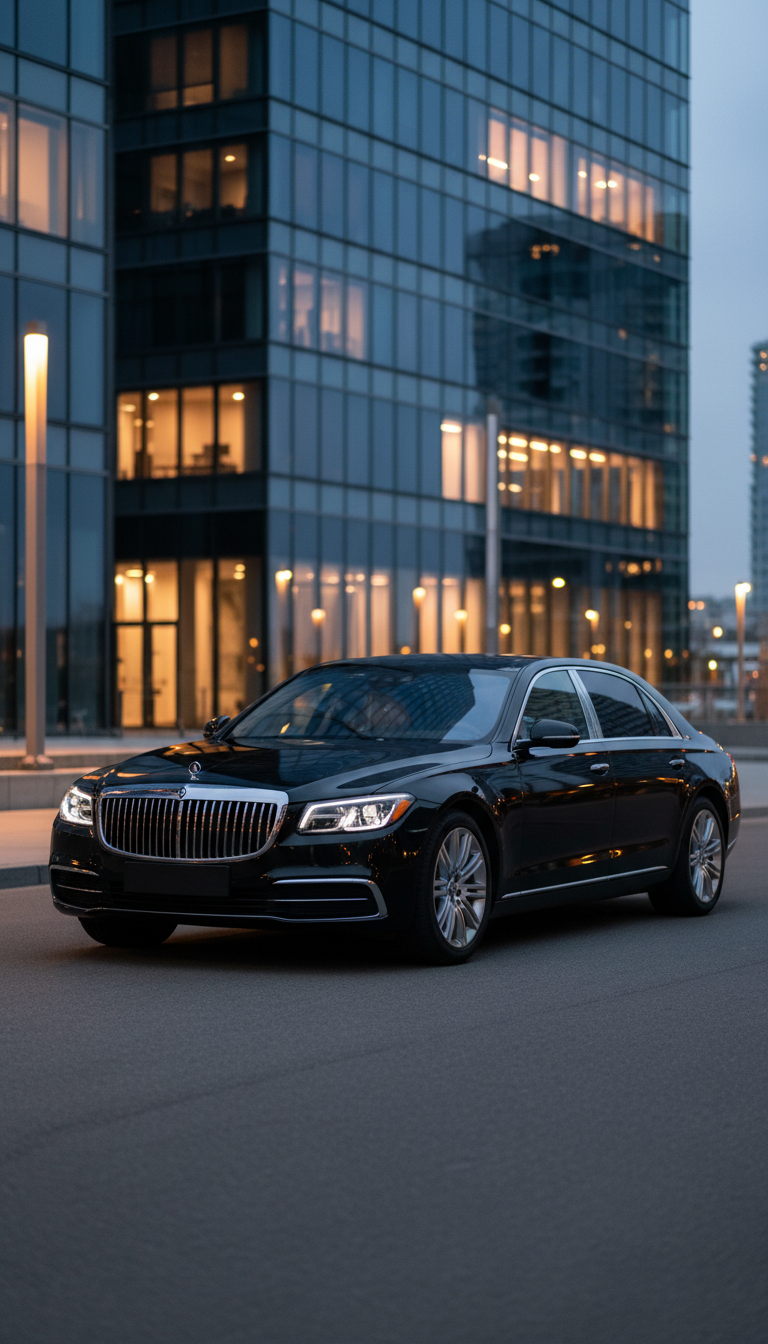 A meticulously detailed, gleaming midnight-black luxury sedan with subtle chrome trims and a flawless high-gloss finish, parked in front of an upscale contemporary glass building. The vehicle’s surface reflects the soft, muted hues of the cityscape in the early evening. Dim, ambient streetlights cast elegant shadows, gently highlighting the refined curves of the car. The scene captures a calm and sophisticated atmosphere, emphasizing exclusivity and professionalism. Framed at an eye-level angle with a slightly off-center composition, the background remains softly blurred to maintain focus on the sedan. The photographic realism and minimalist aesthetic underscore the elegance and high-end character of luxury transportation.